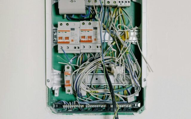 Išsamus atviros elektros skydinės vaizdas su sudėtingais laidais ir automatiniais jungikliais