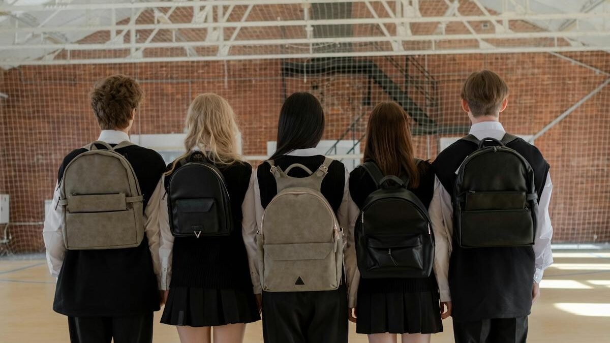 Penkių uniformuotų studentų grupė su kuprinėmis stovi patalpoje nusisukę